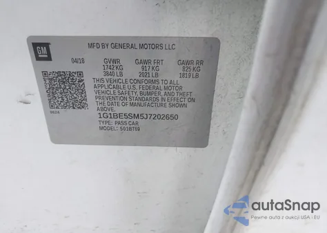 2018 Chevrolet Cruze Lt Auto z USA, uszkodzony, nr VIN 1G1BE5SM5J7202650